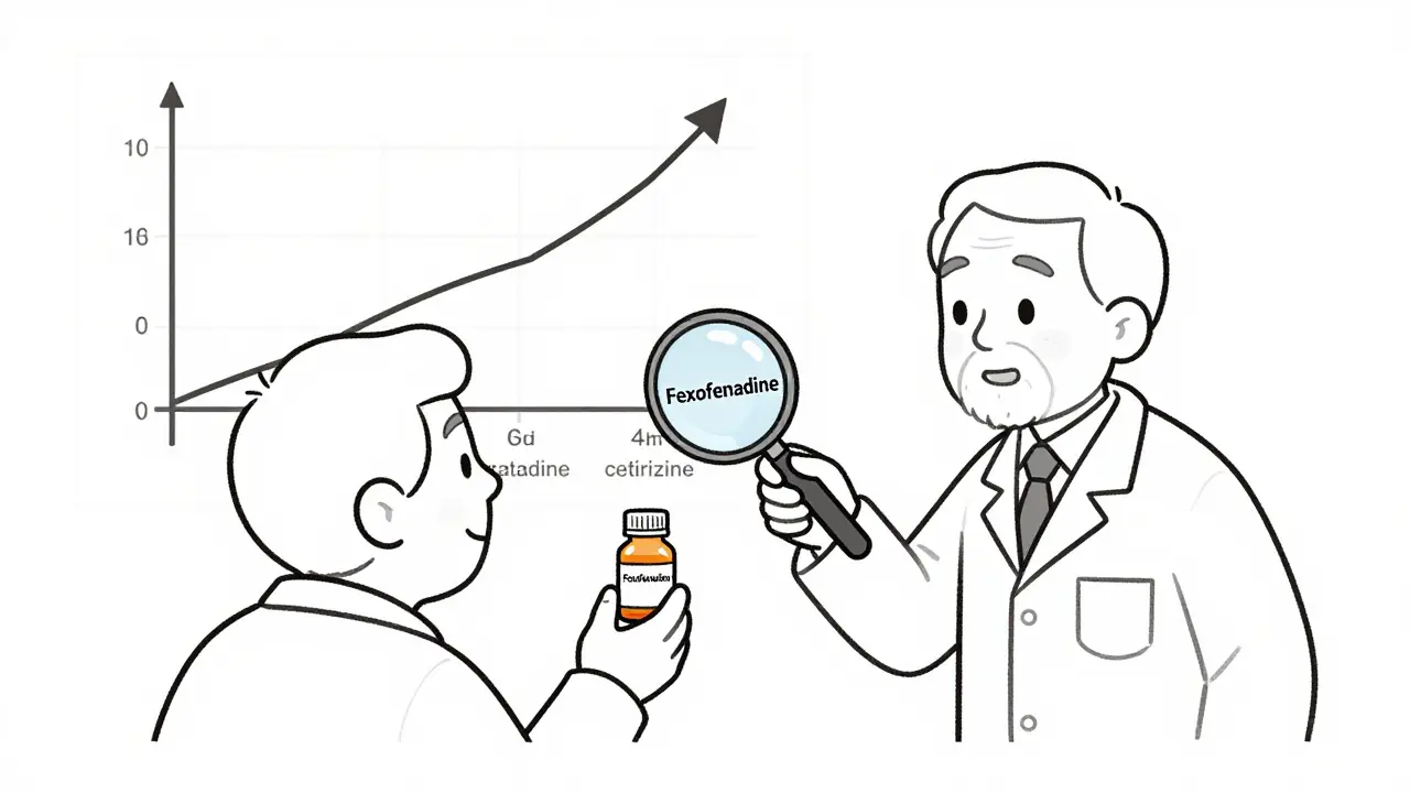 Pharmacist handing a pill bottle to an elderly patient, with a chart showing safe antihistamines at baseline and one decongestant rising.