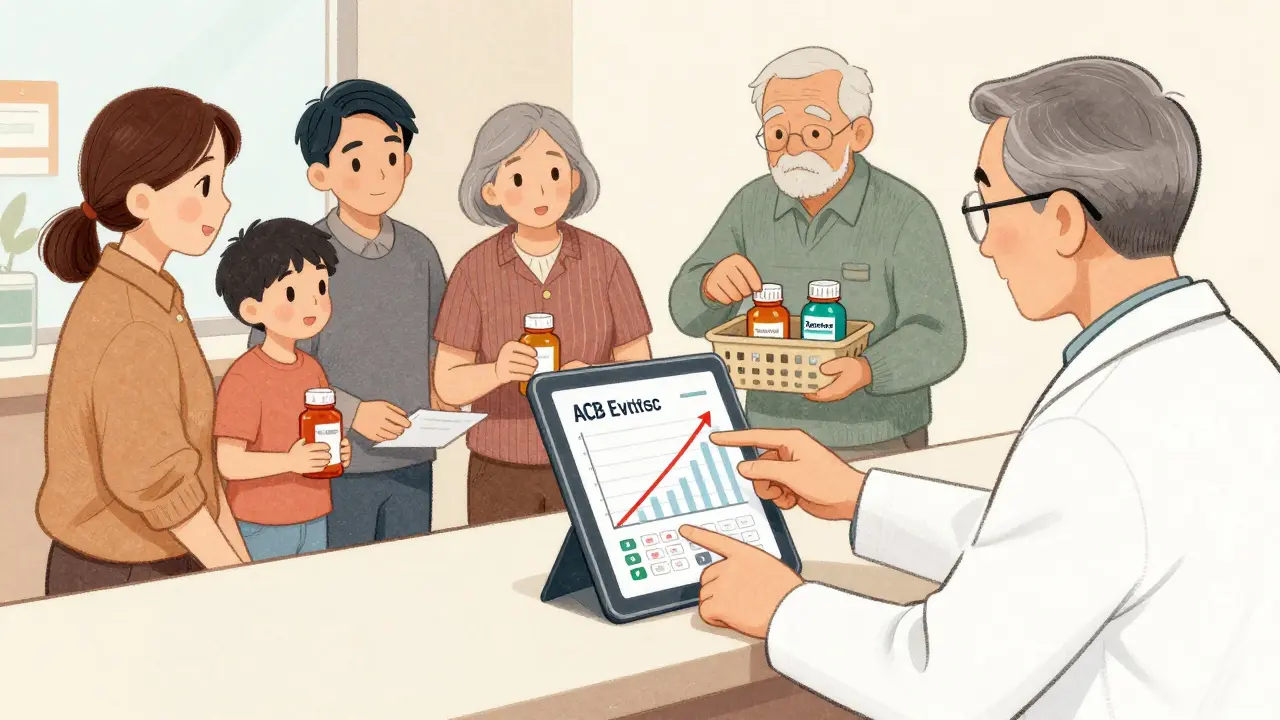 Pharmacist helping a patient replace a sedating antihistamine with a safer alternative in a clinic setting.