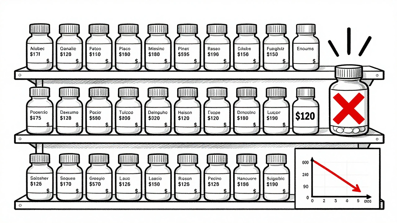 Pharmacy shelf with low-priced generic bottles versus expensive brand-name drug.