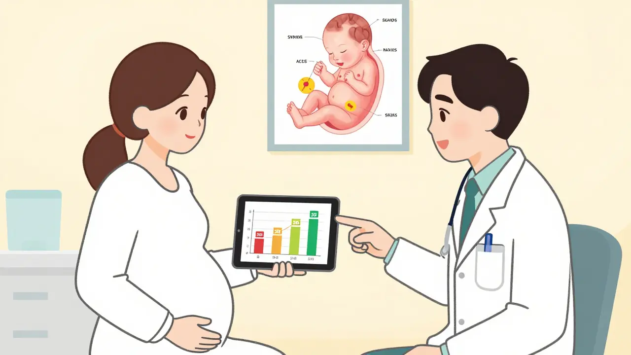 Pregnant person and doctor reviewing a trimester-based medication risk chart in a clinic.