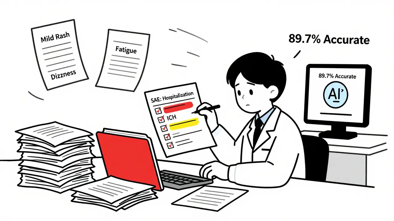 Researcher overwhelmed by minor reports while a single serious adverse event folder stands out with ICH criteria checklist.