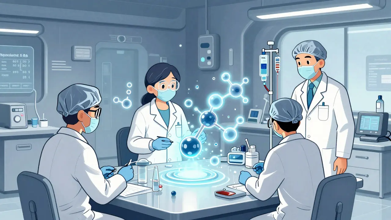 Scientists developing a next-generation IVIG molecule with glowing glycans and global infusion scenes.