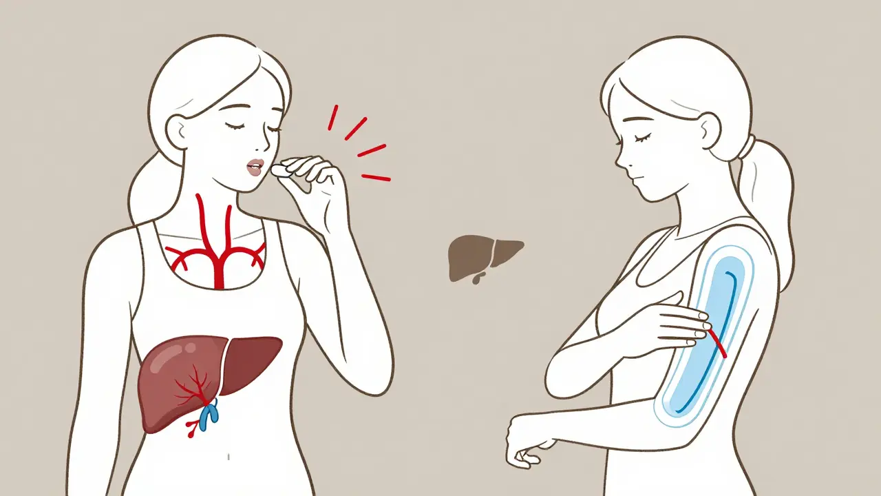 Side-by-side comparison of oral pill and transdermal gel hormone delivery methods