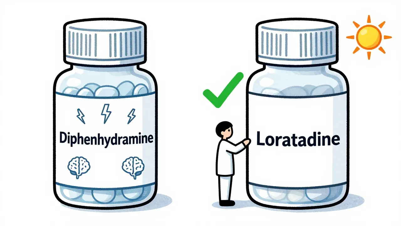 Side-by-side comparison of risky and safe antihistamine pills with visual symbols of danger and safety.