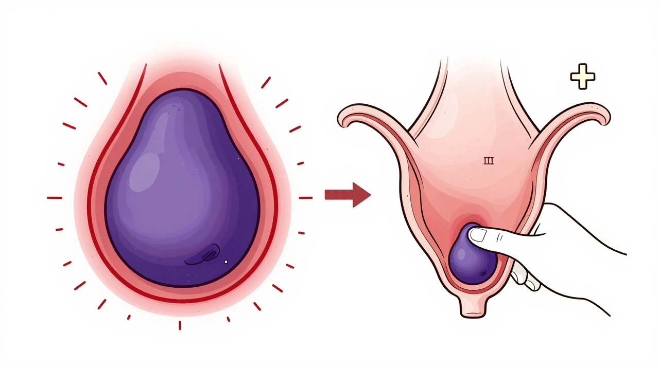Side-by-side illustration of a thrombosed external hemorrhoid and a prolapsed internal hemorrhoid with medical symbols.