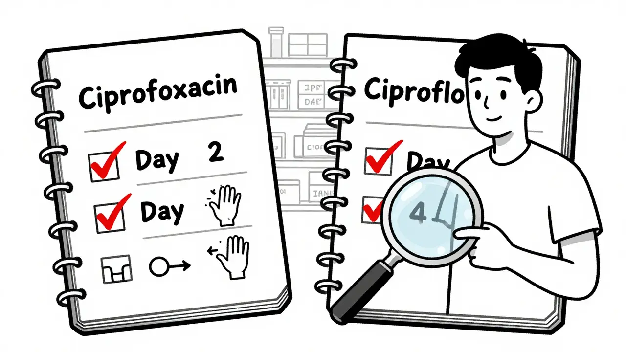 Side-by-side patient logs showing faster nerve symptom onset in women vs. men taking ciprofloxacin.