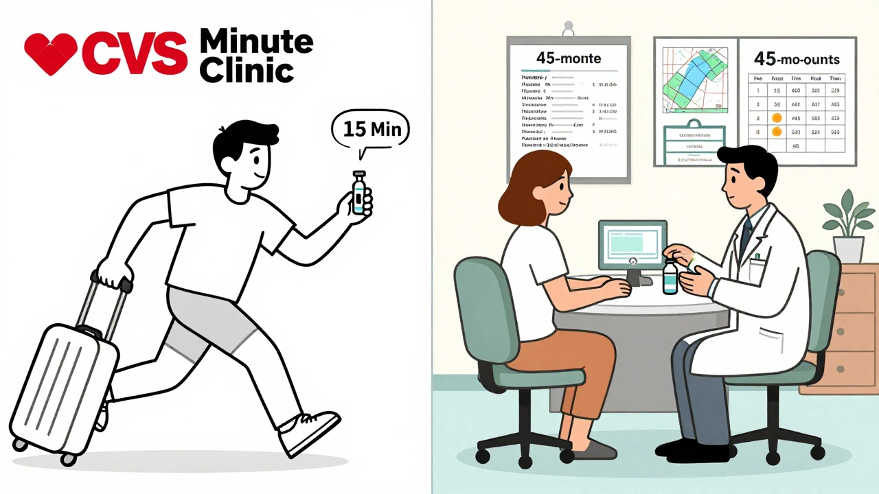 Side-by-side: rushed retail clinic visit vs. thorough travel health consultation