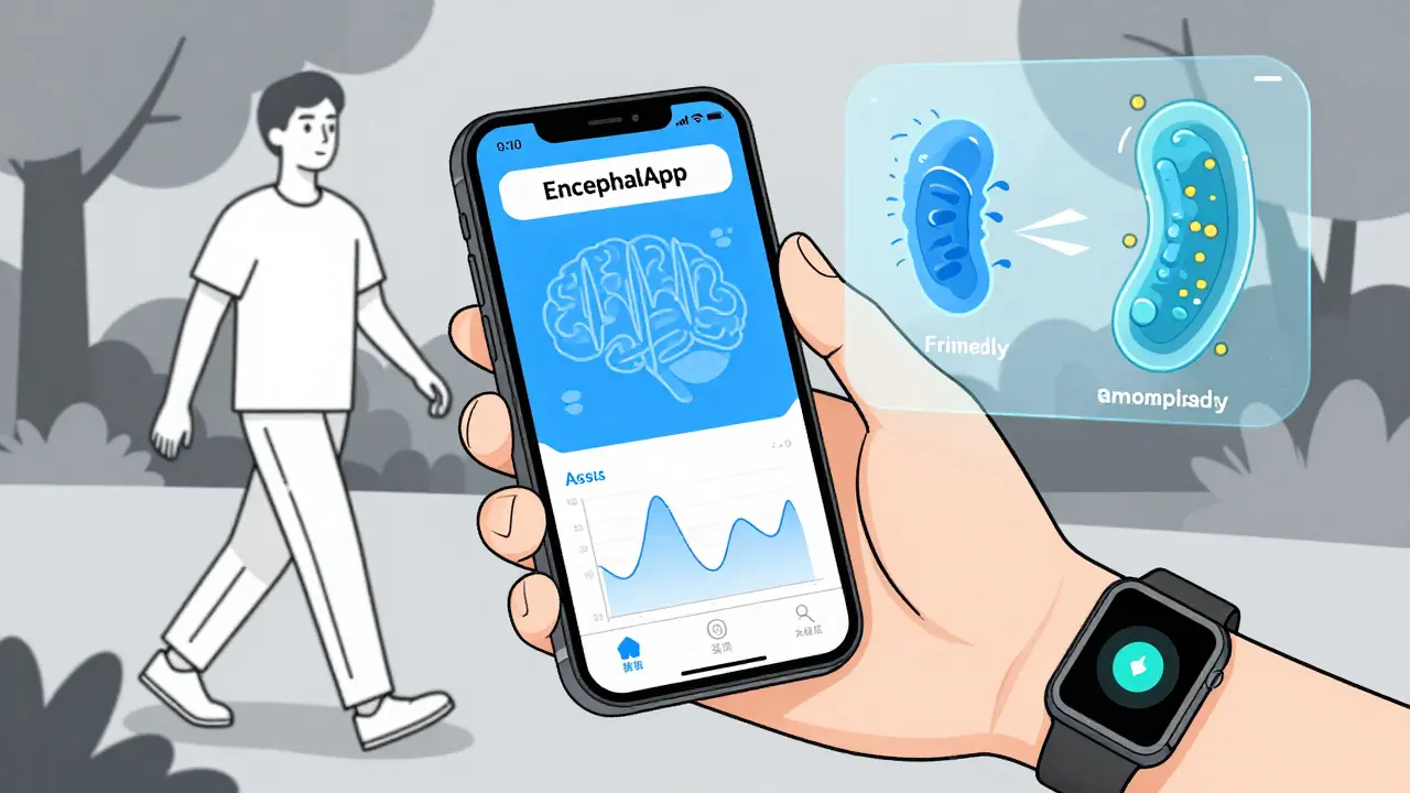 Smartphone app tracking brain function and gut bacteria, patient walking confidently in park.