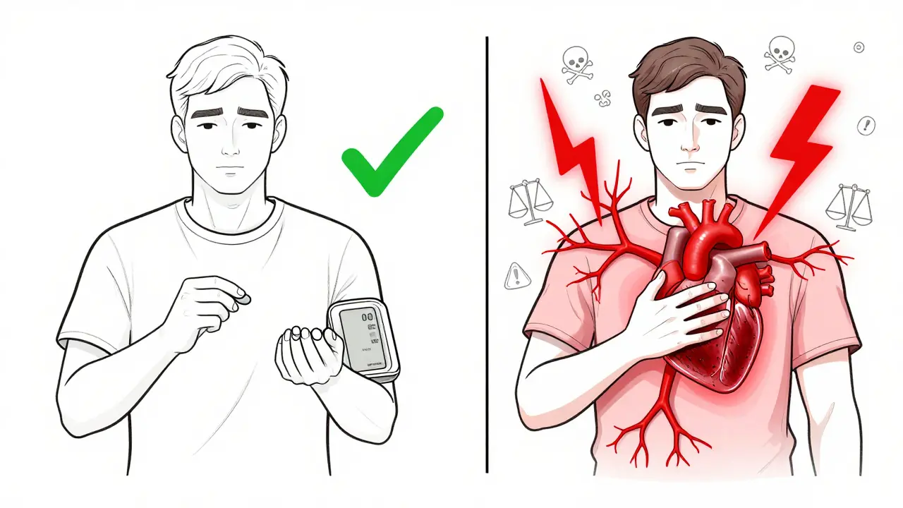 Split illustration: calm medication use vs. yohimbe causing a lightning strike to the heart and blood vessels.