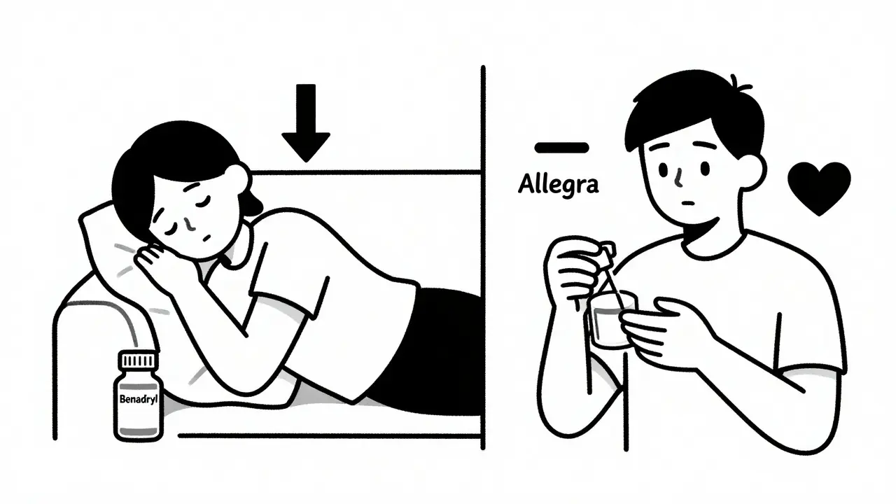 Split illustration: drowsy person with falling blood pressure arrow vs. alert person with neutral arrow and heart symbol.