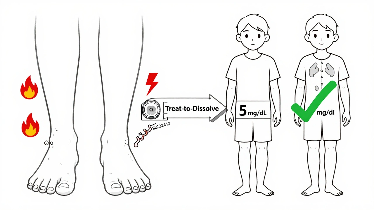 Split illustration: person with tophi and flares on left, healed joints on right, connected by &#039;Treat-to-Dissolve&#039; path with CT and gene icons.
