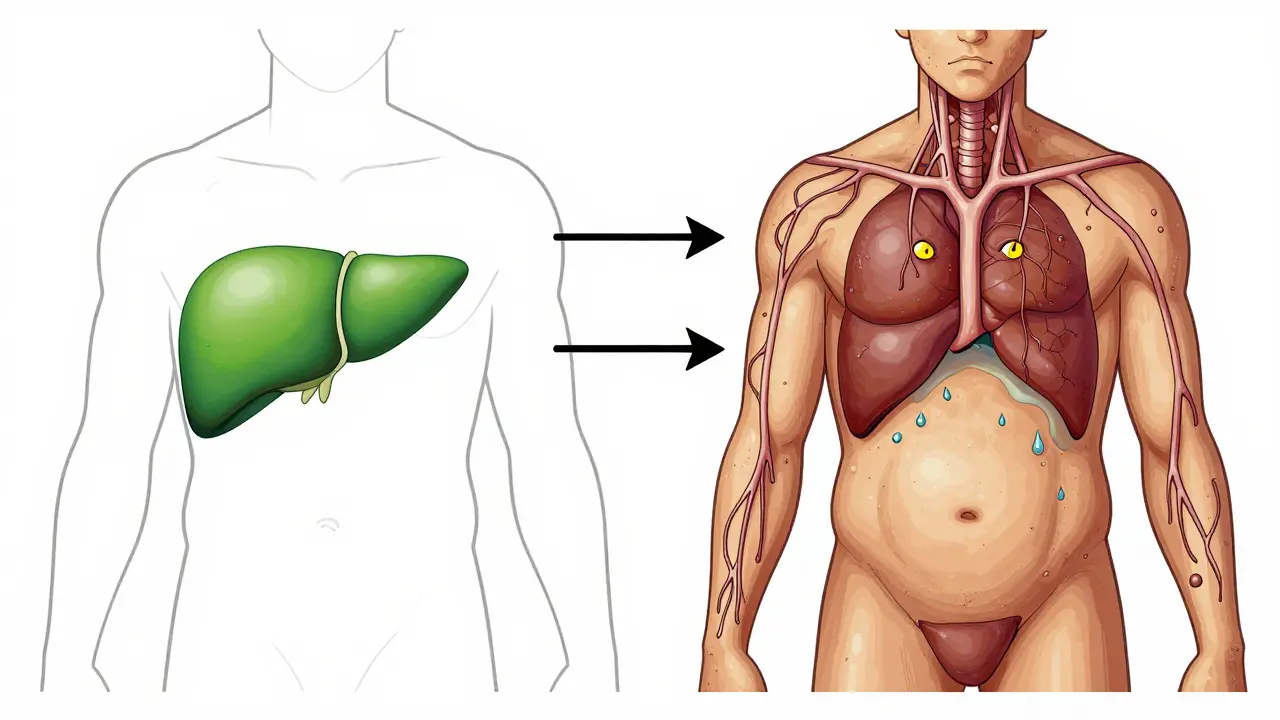 Split image of a healthy liver versus a scarred, failing liver with visible symptoms like jaundice and swelling.