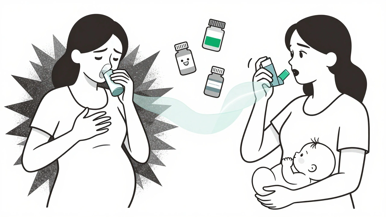 Split image: uncontrolled asthma vs. controlled asthma with safe medications during pregnancy.