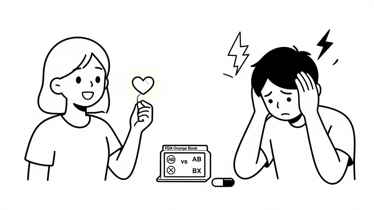 Split scene: happy patient on statin vs. patient having seizure with generic lamotrigine, FDA Orange Book in center.