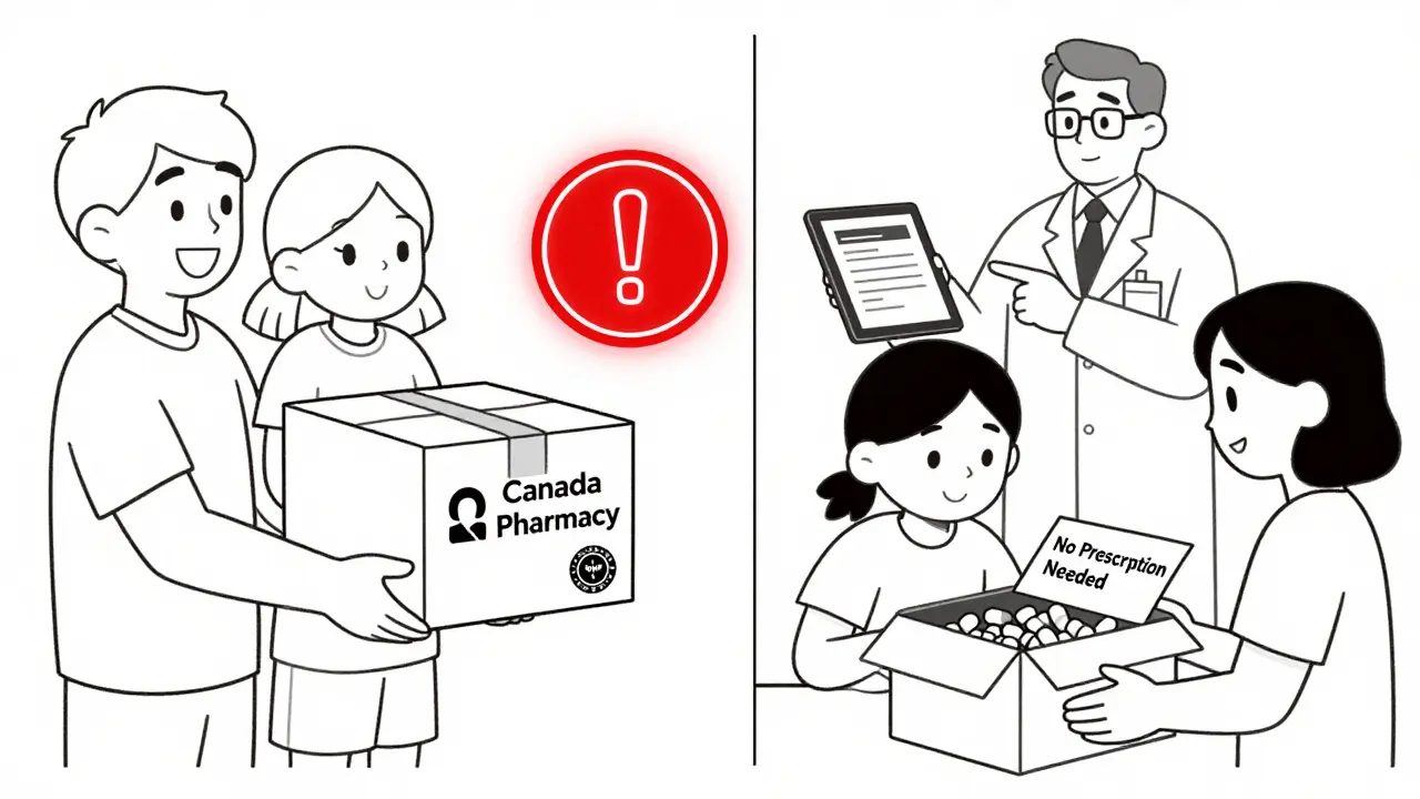 Split scene: safe verified pharmacy delivery vs. dangerous fake pills with warning sign.