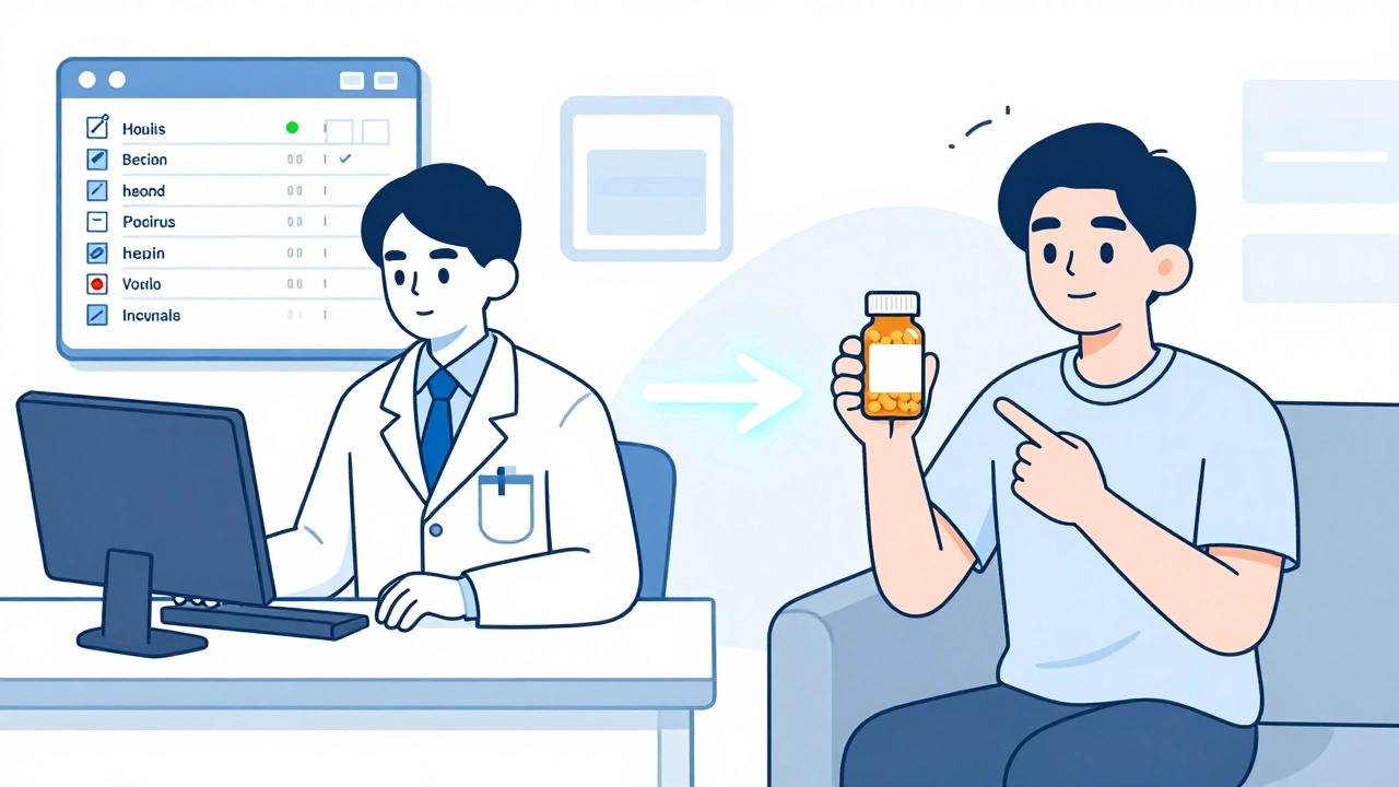 Split-screen: pharmacist reviewing digital records while patient holds up a pill bottle during a video call.