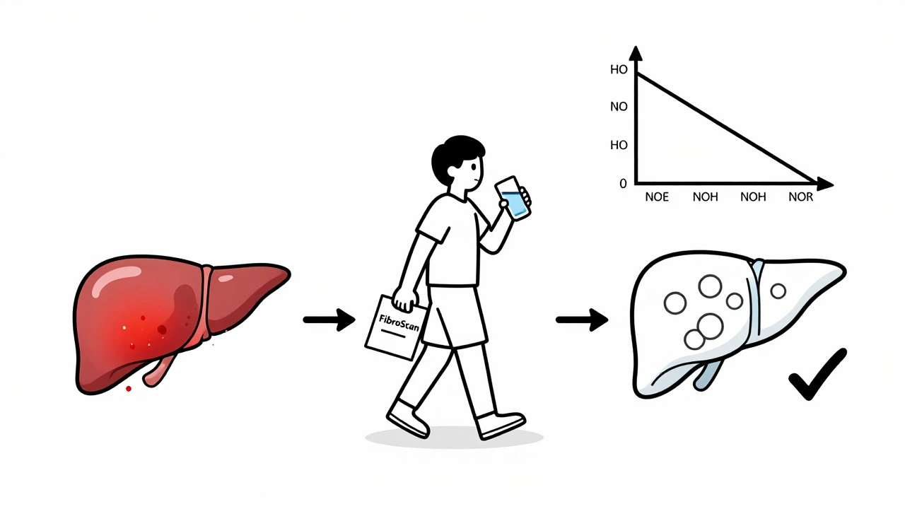 Timeline showing fatty liver transforming to healthy liver through lifestyle and medical monitoring.