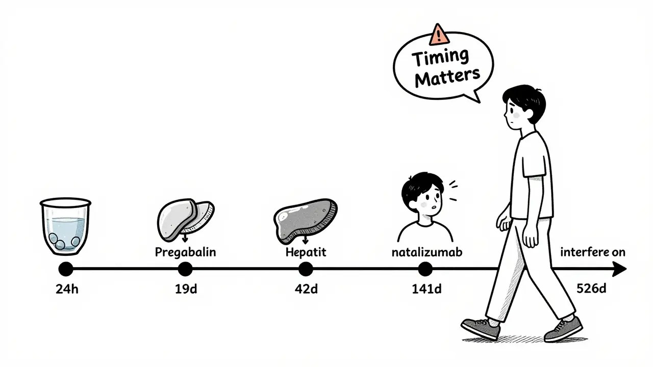 Timeline with drug reaction icons spanning days to years, showing delayed side effect patterns.
