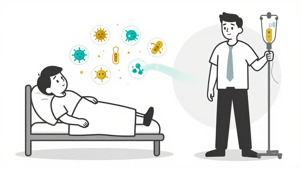 Two patients: one weak before IVIG, one strong after, with immune cells being calmed by antibodies.