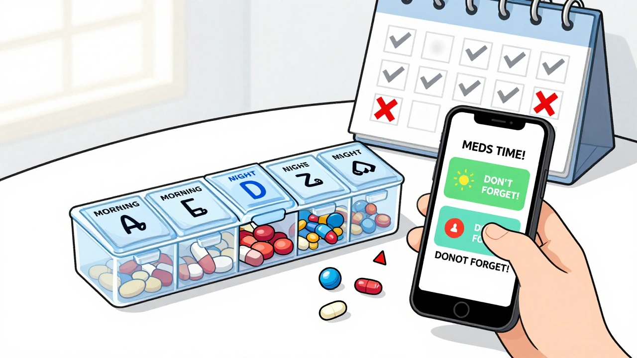 Weekly pill organizer with smartphone alarms reminding to take medication