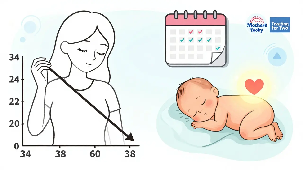 Woman gradually reducing antidepressant dose during late pregnancy, with a calm newborn beside her.