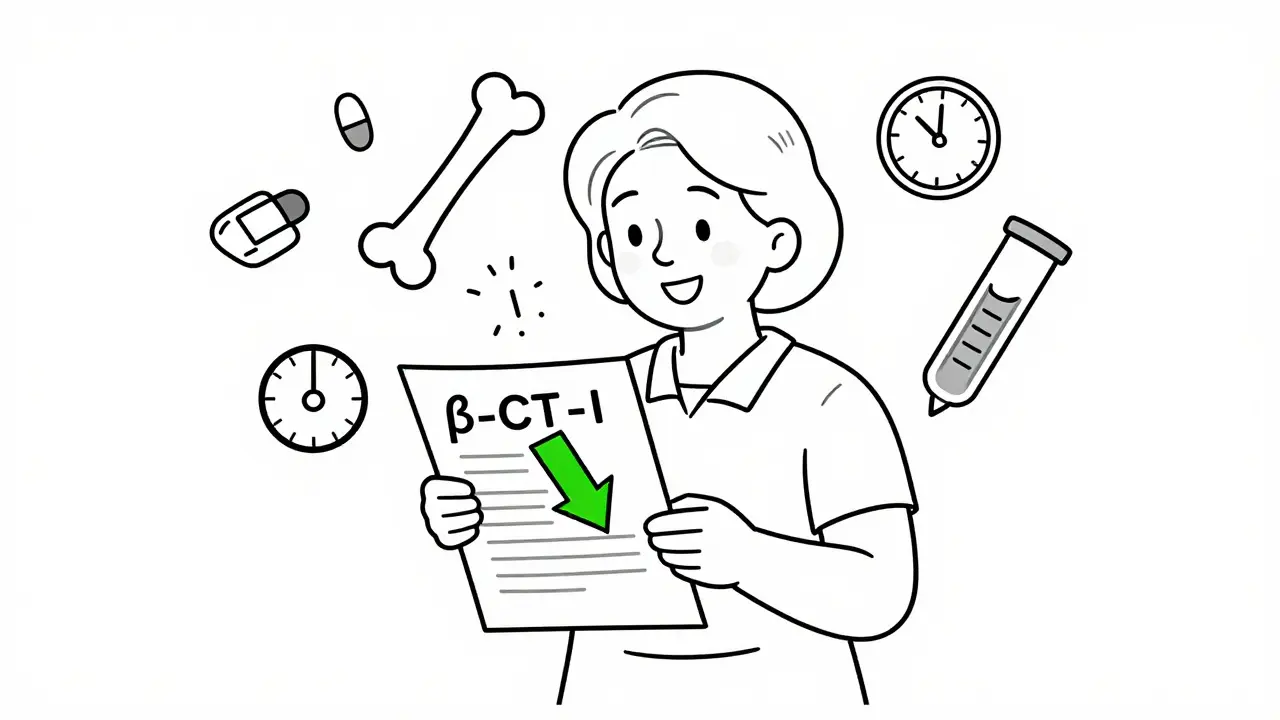 Woman holding test result with falling marker, fractured bone disappearing behind her