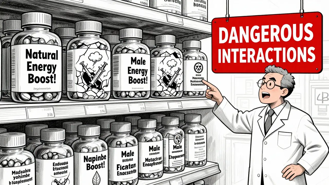 Yohimbe supplement bottles cracked open to reveal skeletons and storm clouds, with a pharmacist warning of dangers.