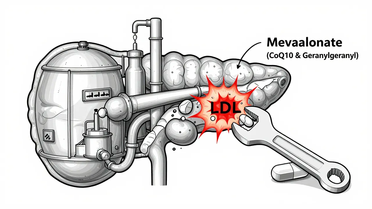 A pancreas with beta cell factories, clogged by LDL and affected by a statin wrench.