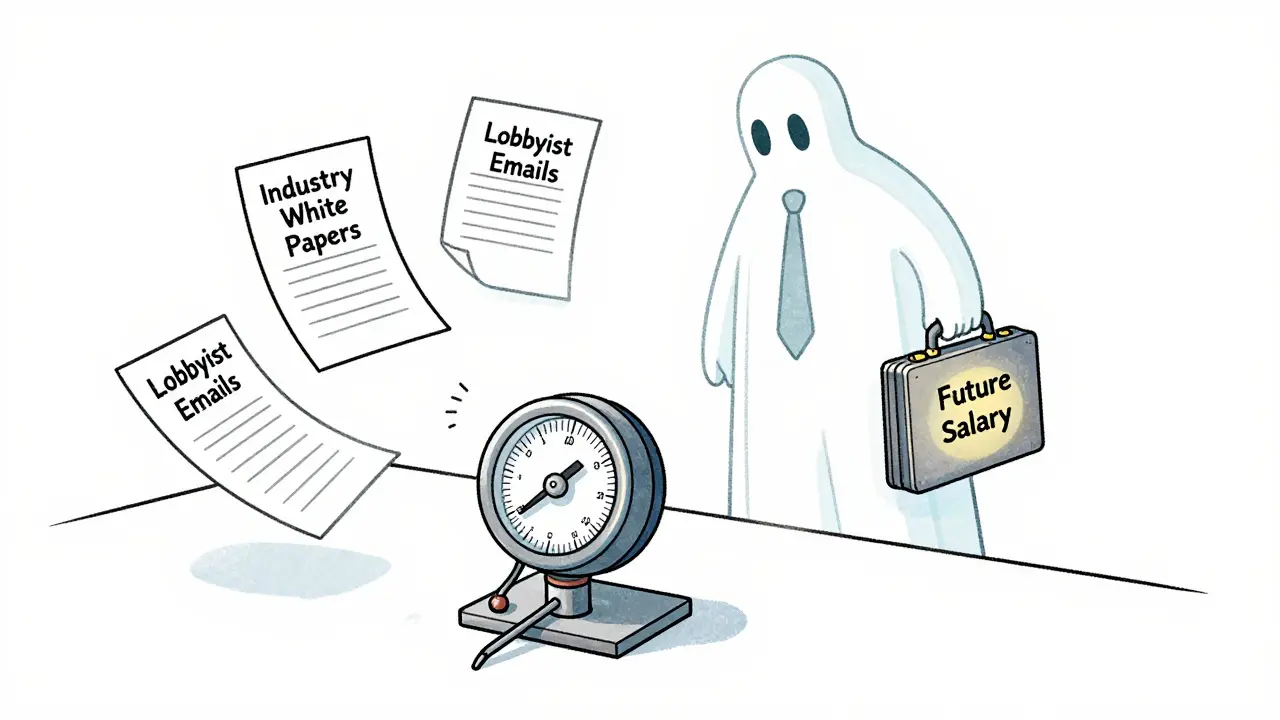 A regulator surrounded by industry documents, with a ghostly job offer hovering behind them, symbolizing the revolving door.