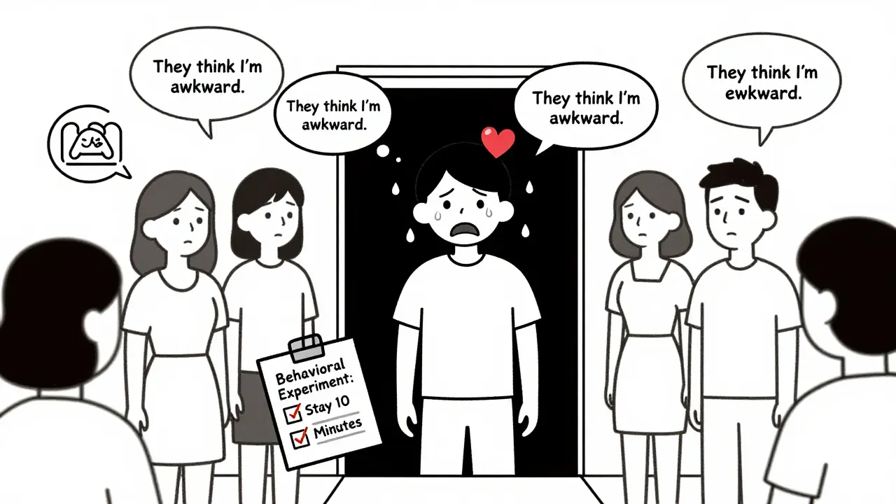 Anxious person at a party, challenging the belief that others are judging them.