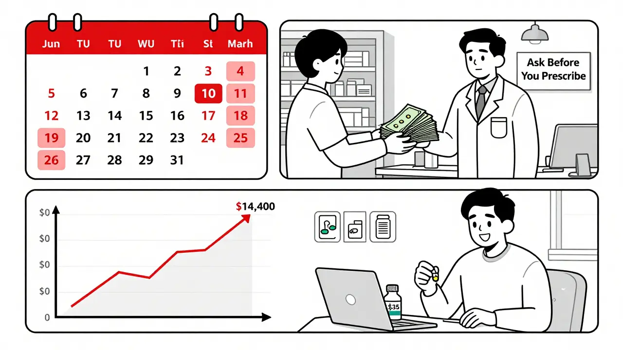Calendar showing expensive months at pharmacy, with savings graph and insulin bottle in background.