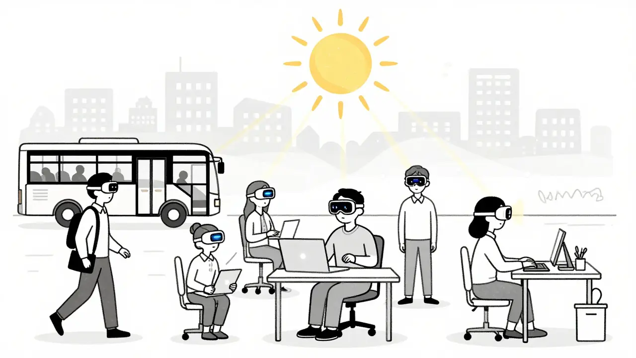 Diverse people using light therapy devices under a rising sun in a snowy city.