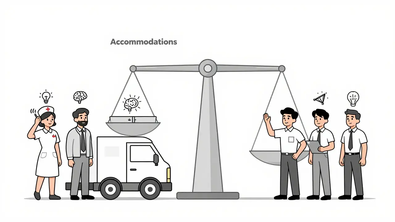Diverse workers with side effect icons, balanced scale showing accommodations leading to better productivity.