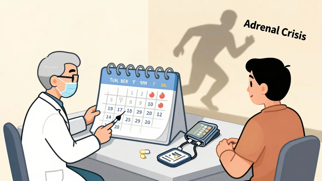 Doctor and patient reviewing taper plan with medical tools and warning shadow in background.