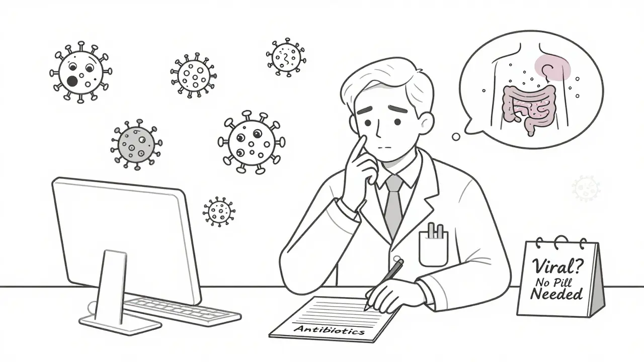 Doctor hesitating to prescribe antibiotics to a viral infection, with microbiome collapse in thought bubble