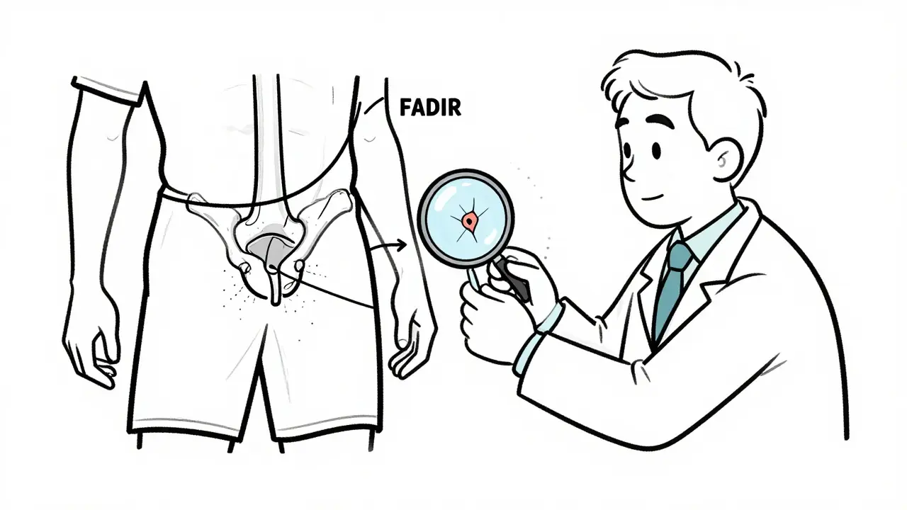 Doctor performing FADIR test on soccer player with labeled hip joint diagram nearby.