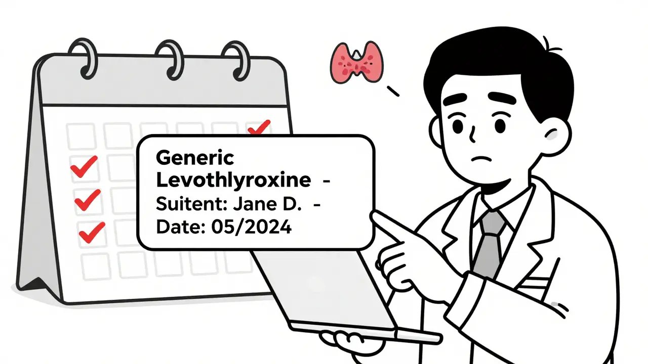 Doctor receiving electronic alert about NTI drug substitution, with follow-up appointments marked in red.