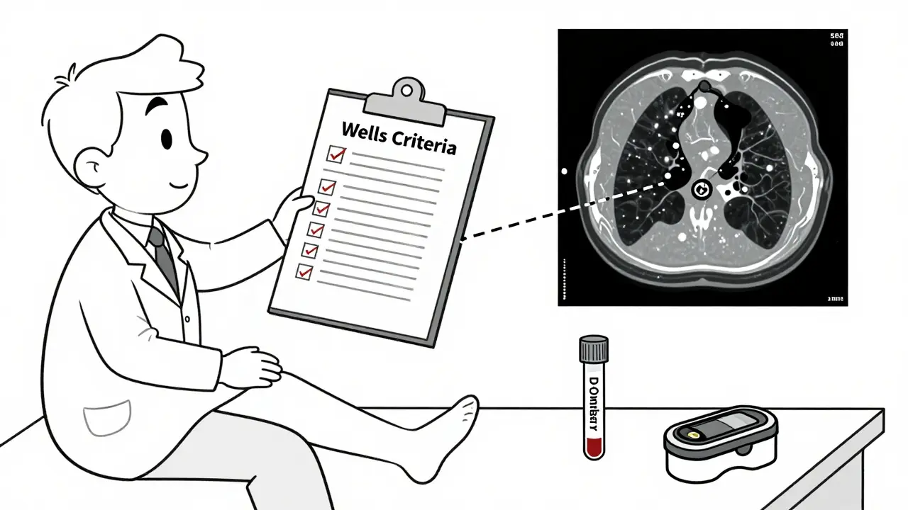 Doctor reviewing diagnostic checklist while patient has swollen leg and CT scan showing lung clot