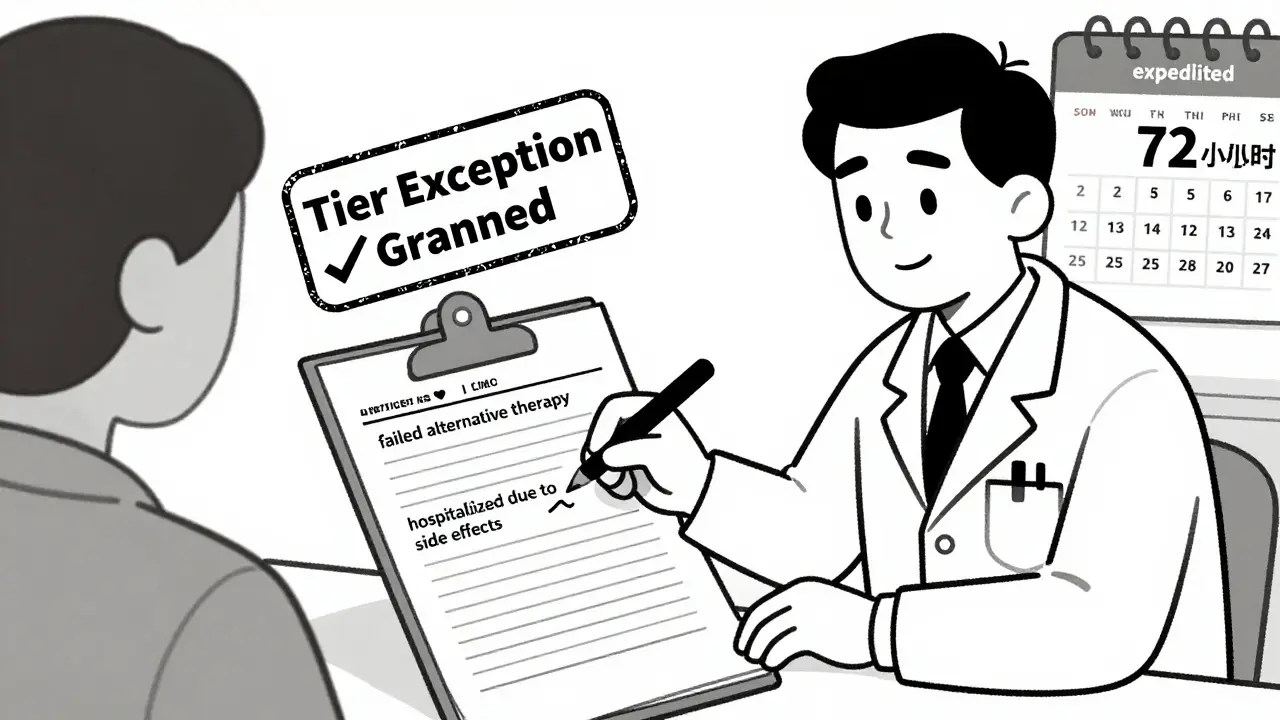 Doctor writing clinical justification for tier exception with approval stamp visible.