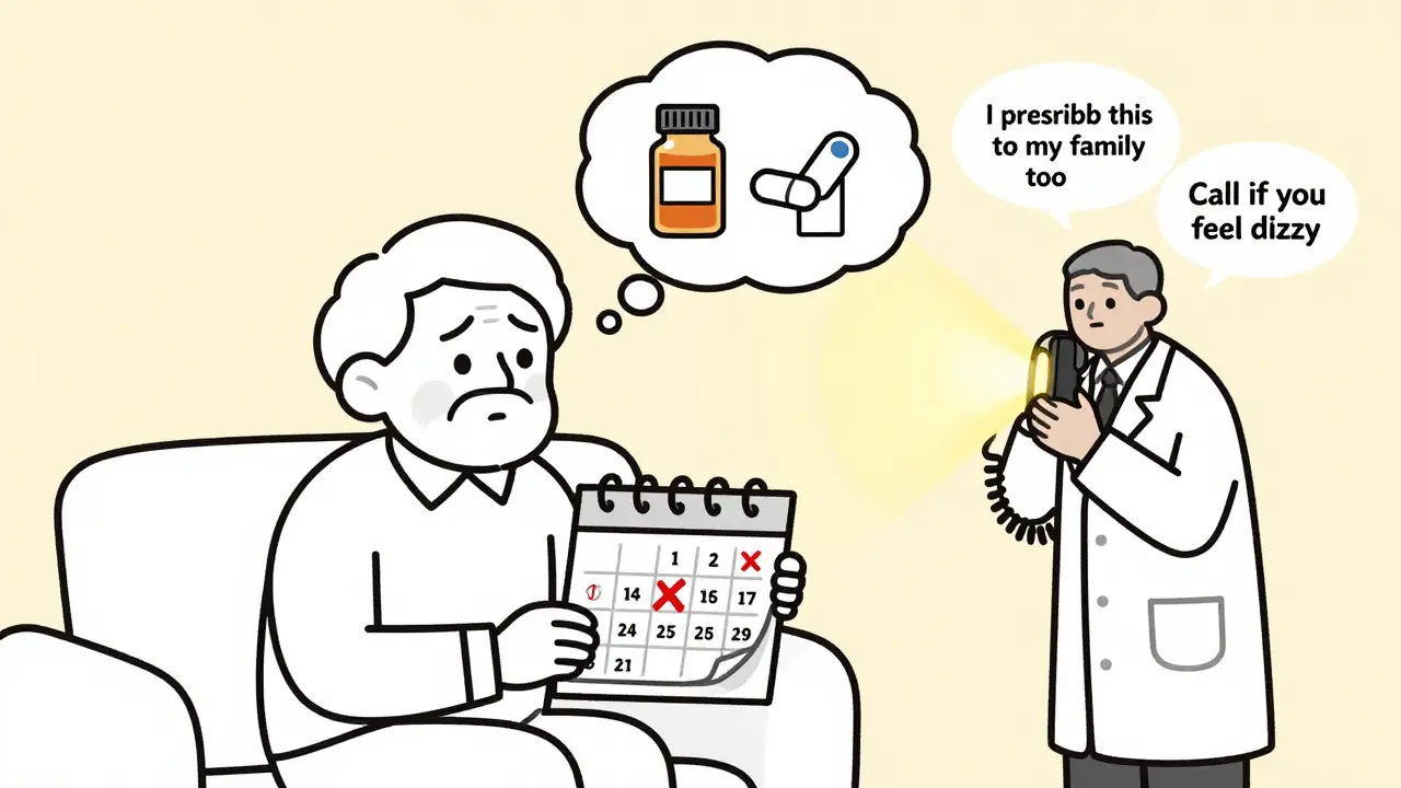 Elderly patient at home with a test calendar and reassuring phone call about medication safety.