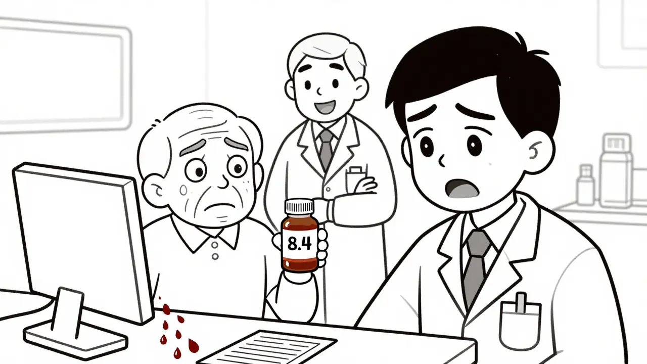 Elderly patient holding Danshen bottle as doctor reacts to a high INR reading on a monitor, blood droplets falling.