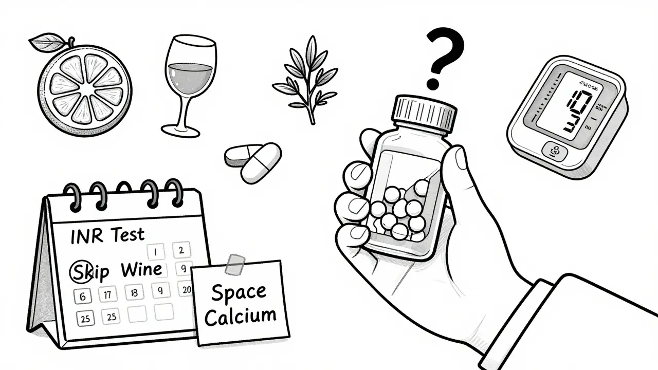 Floating icons of foods and meds around a pill bottle, with pharmacist guiding safe use.
