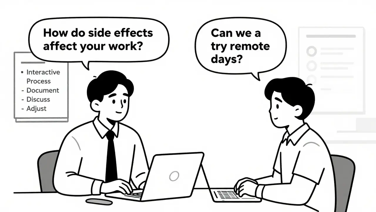 Manager and employee talking at a table, floating dialogue about side effects and workplace adjustments.