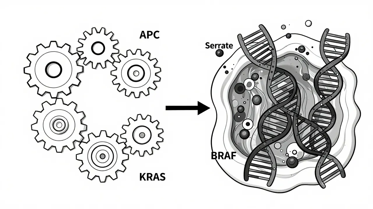 Molecular pathways of adenoma and serrated polyp development shown as line art diagrams.