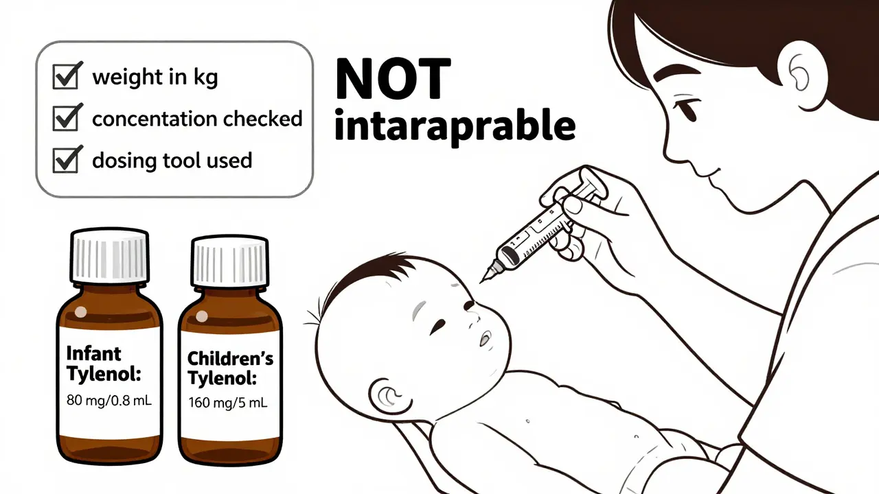 Parent using syringe to give medicine next to two labeled bottles