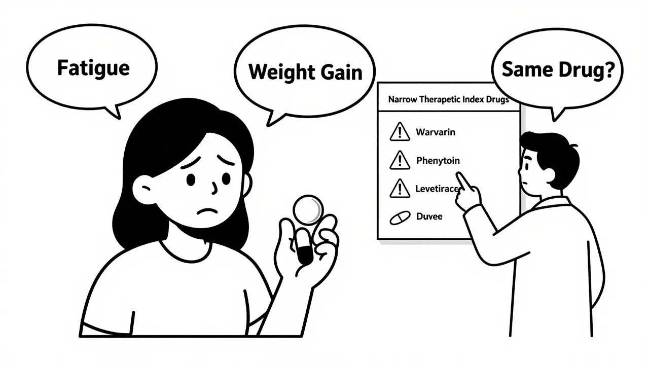 Patient holding three differently shaped thyroid pills with thought bubbles showing side effects and confusion.