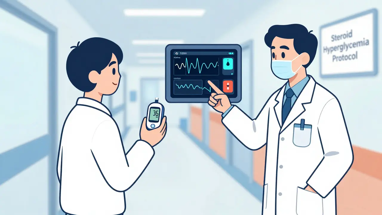 Patient using a CGM device while a doctor adjusts insulin doses based on a digital steroid tapering dashboard.