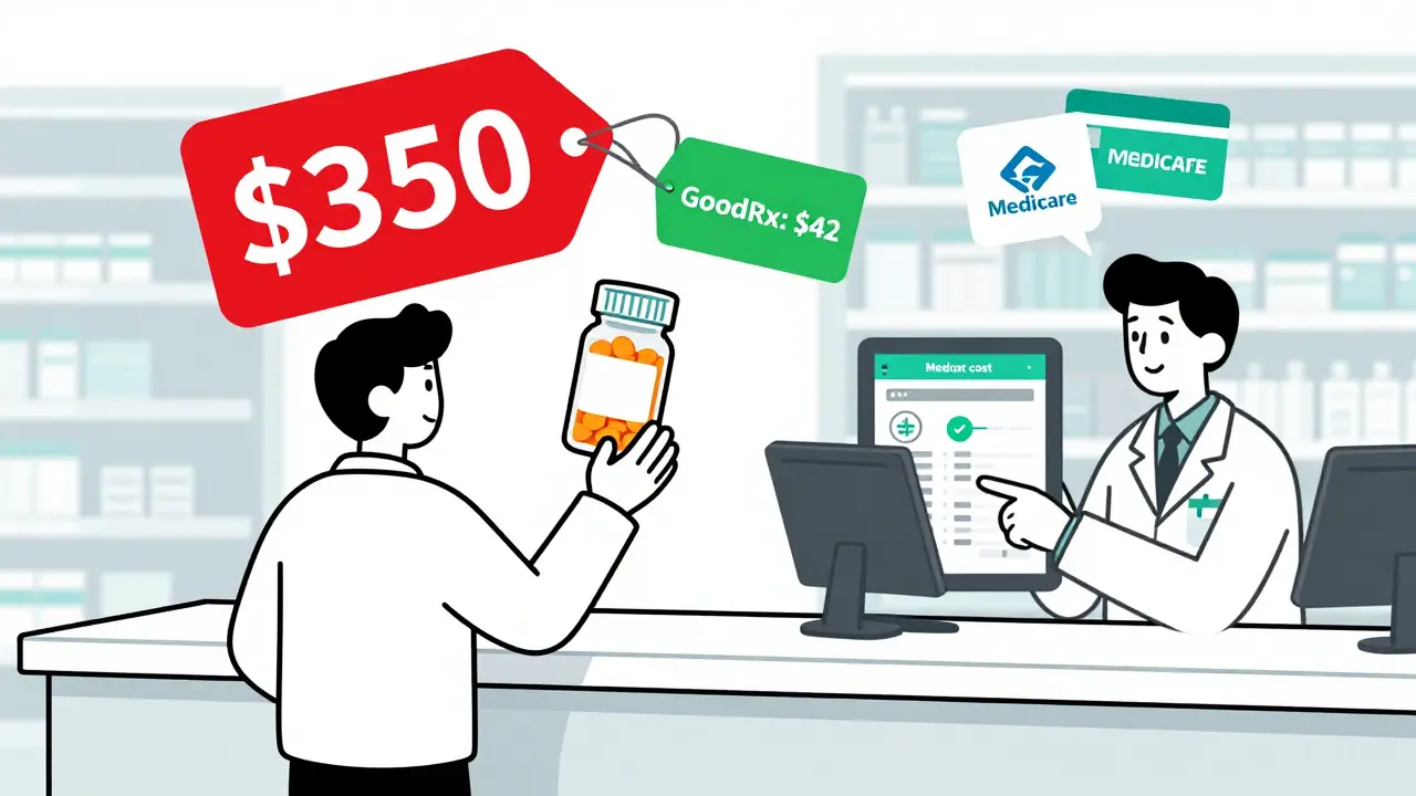 Person at pharmacy comparing high drug price with a much lower GoodRx coupon price.