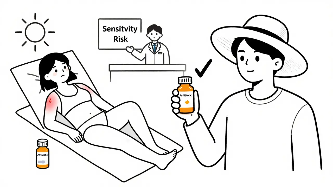 Person developing sun rash from medication, then safely protected with hat and sunscreen.