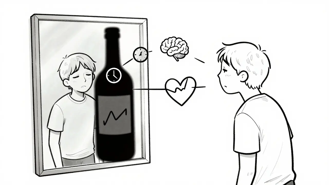 Person looking tired in mirror with alcohol-shaped shadow showing sleep damage